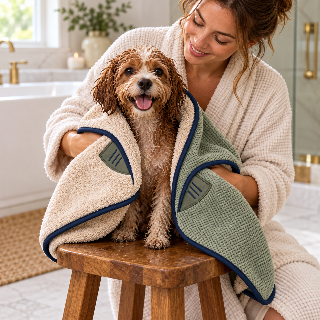 Duo-Dry Pocket Pet Bath Towel — in-use lifestyle scene