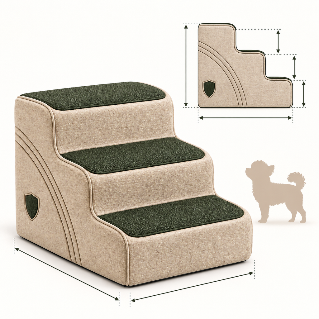 Easy Rise Three-Step Pet Stairs — size and proportion guide
