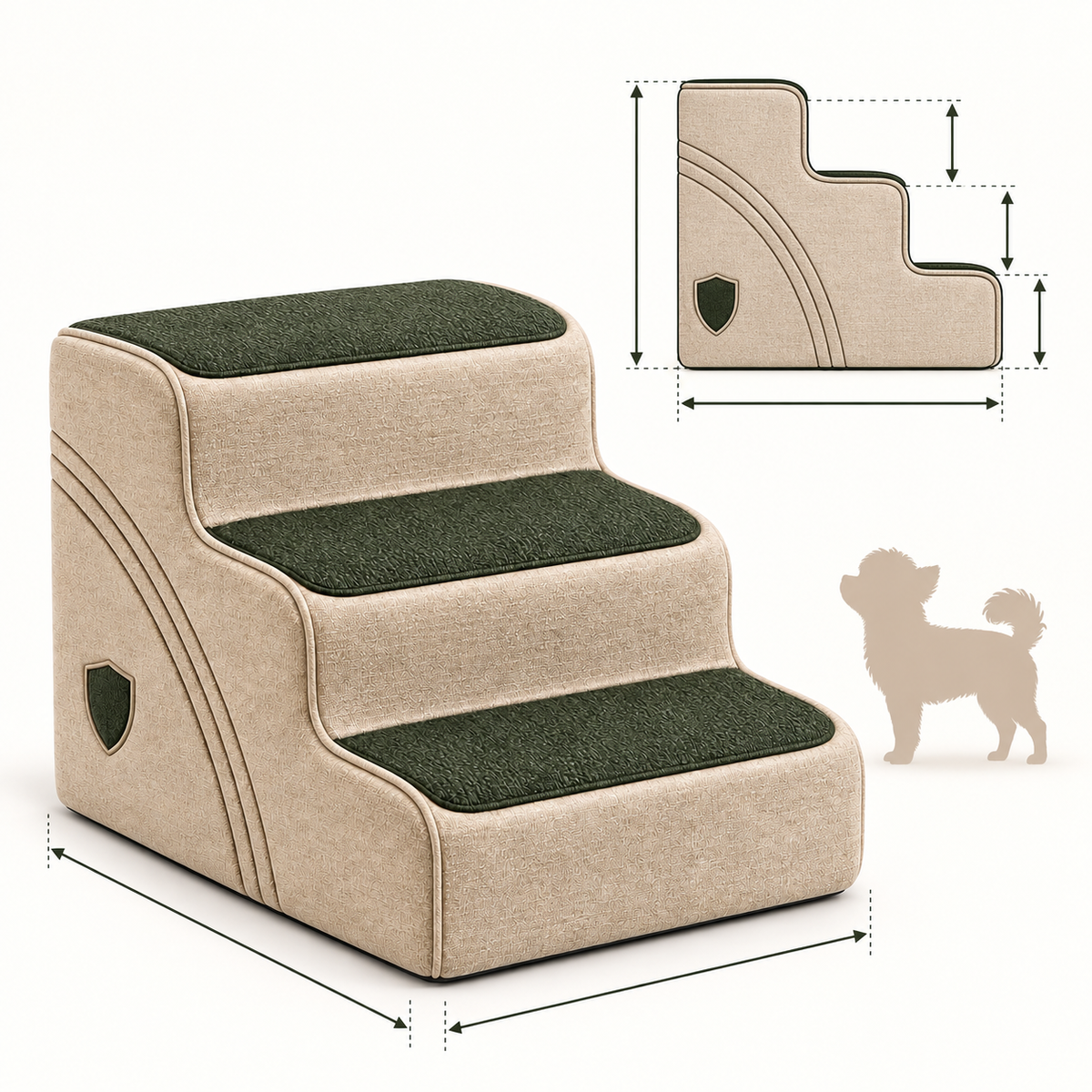 Easy Rise Three-Step Pet Stairs — size and proportion guide