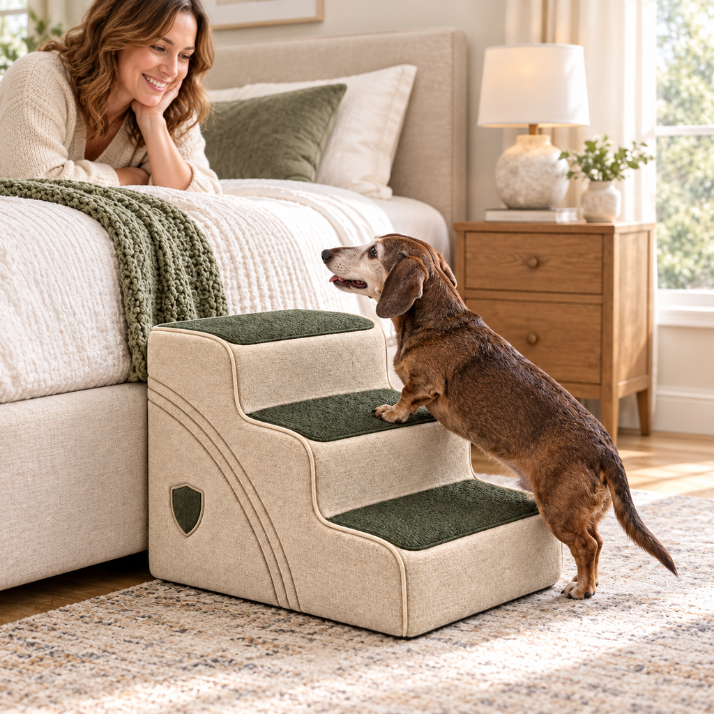 Easy Rise Three-Step Pet Stairs — in-use lifestyle scene