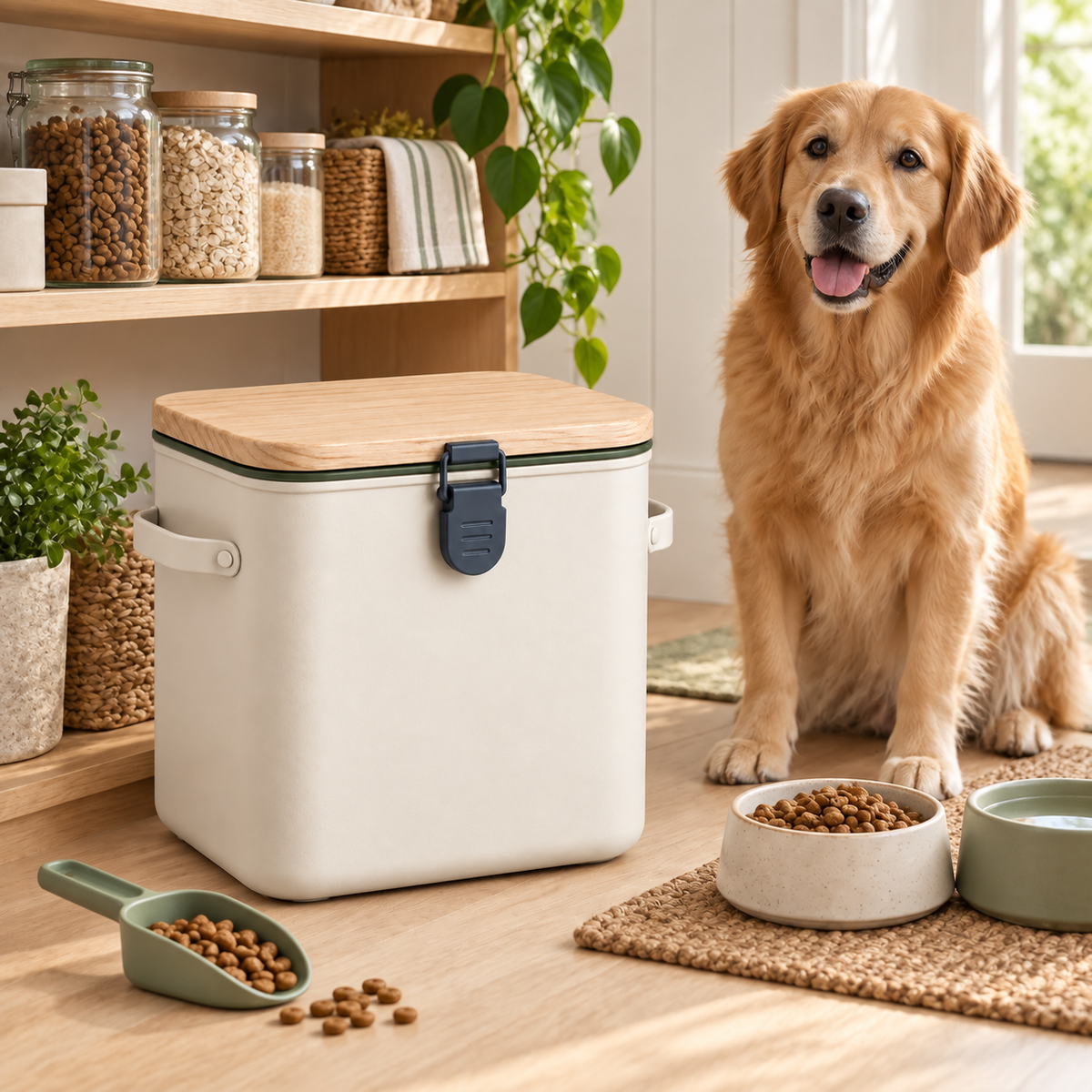 Field Table Pet Food Storage Bin — in-use lifestyle scene