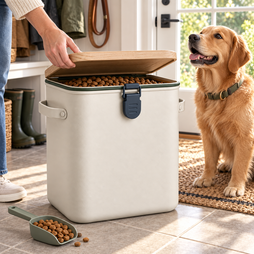 Field Table Pet Food Storage Bin — second in-use lifestyle scene