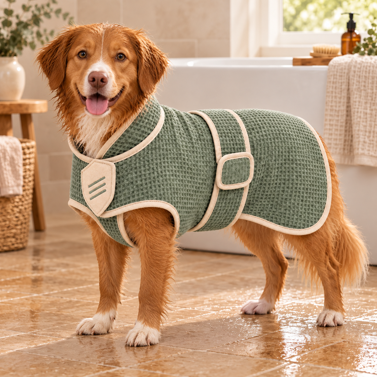 Sage Wrap Quick-Dry Pet Bath Robe — in-use lifestyle scene