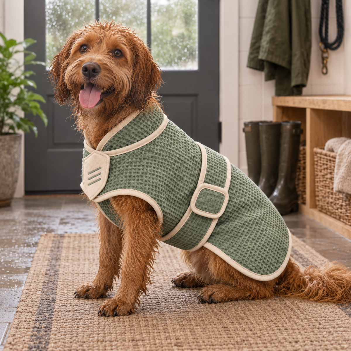Sage Wrap Quick-Dry Pet Bath Robe — second in-use lifestyle scene