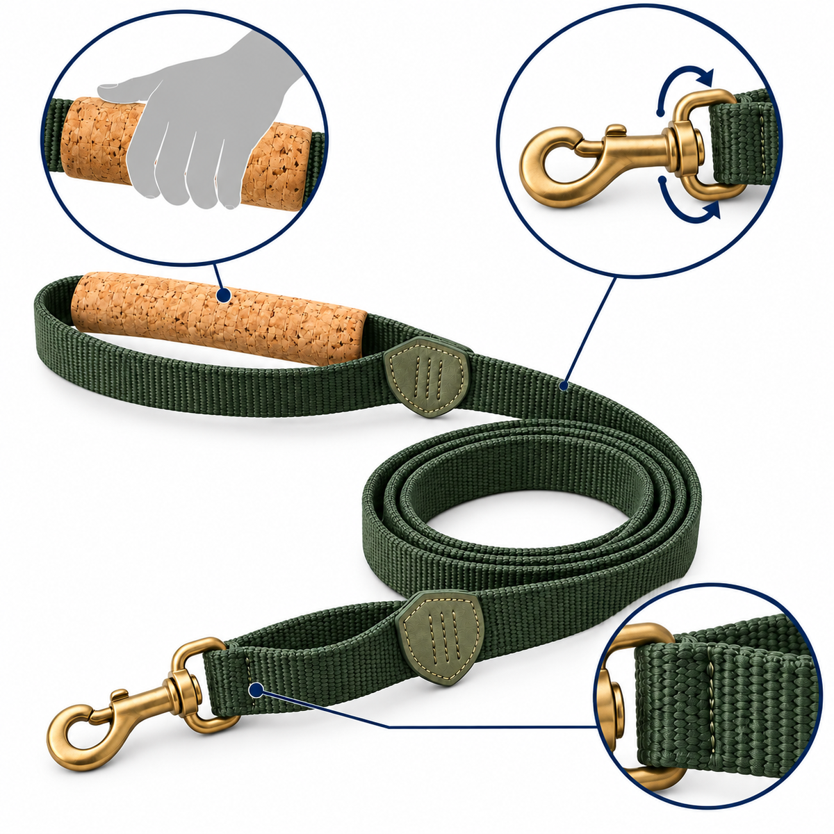 Scout Cork-Handle Traffic Leash — product-specific features