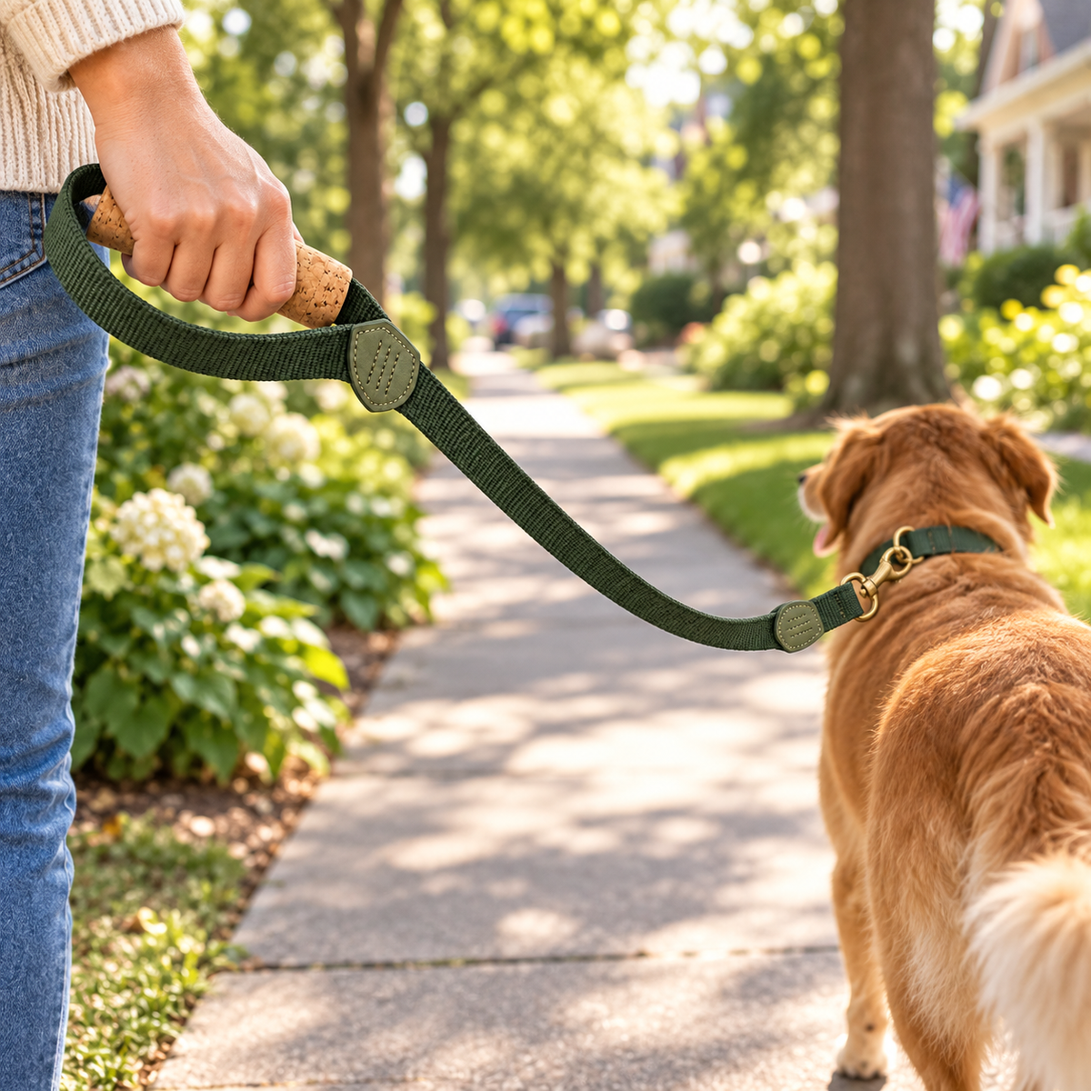 Scout Cork-Handle Traffic Leash — in-use lifestyle scene