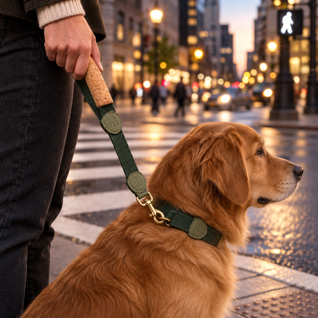 Scout Cork-Handle Traffic Leash — second in-use lifestyle scene