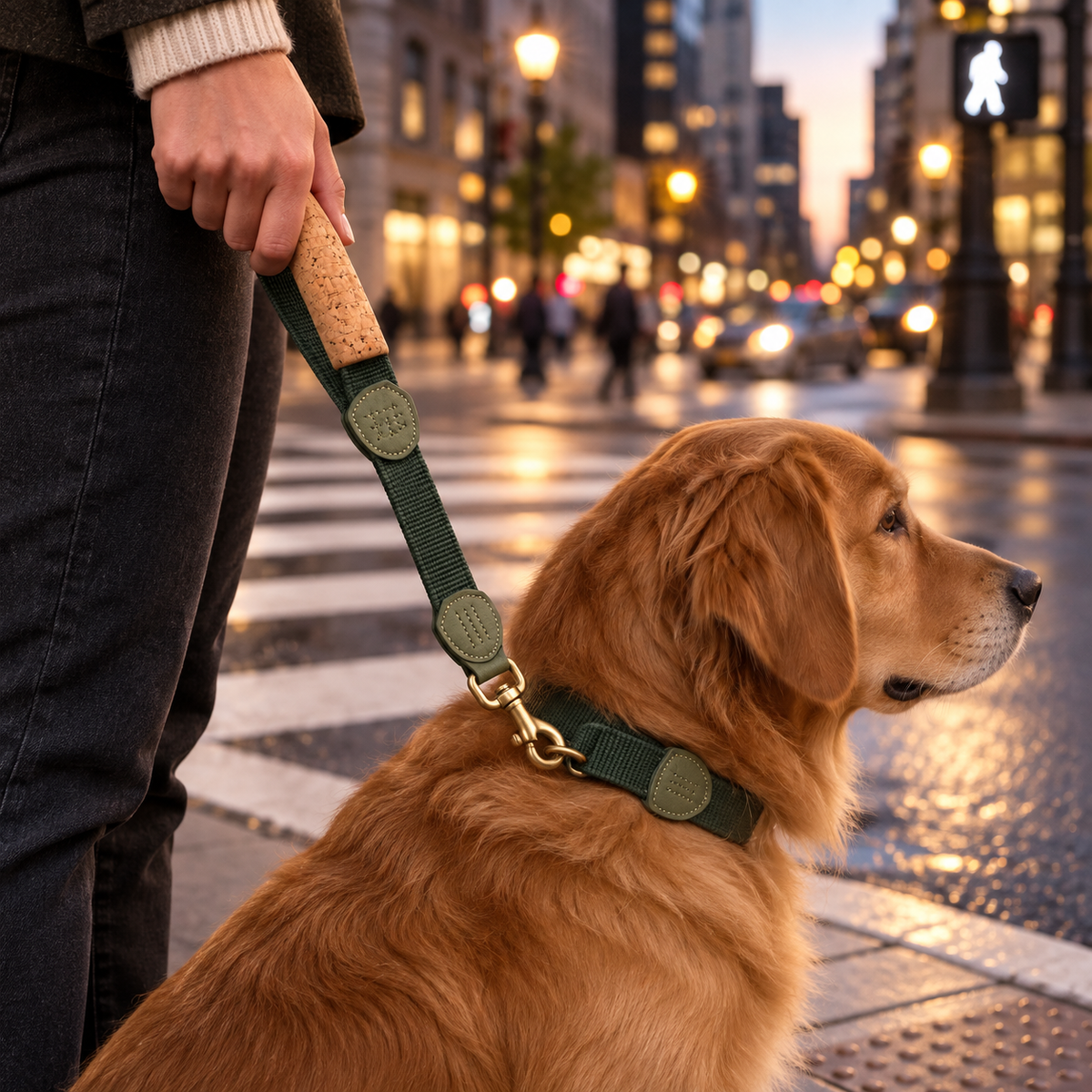 Scout Cork-Handle Traffic Leash — second in-use lifestyle scene